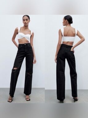 Zara Ripped Wide Leg Jeans Black Distressed Raw Hem High Rise Size 6